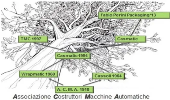 Figura 1.2.A: Struttura ad albero riportante l’evoluzione temporale della Fabio Perini Packaging di Calderara di Reno, con le  relative denominazioni che essa ha assunto nel tempo.