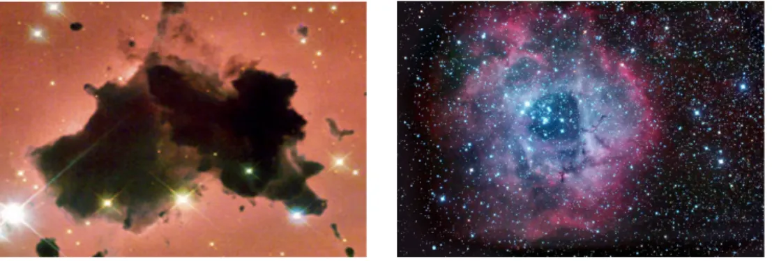 Figura 2.2: A sinistra, un globulo di Bok in IC2944; a destra, una sfera di Str¨ omgren visibile al centro della Nebulosa Rosetta.