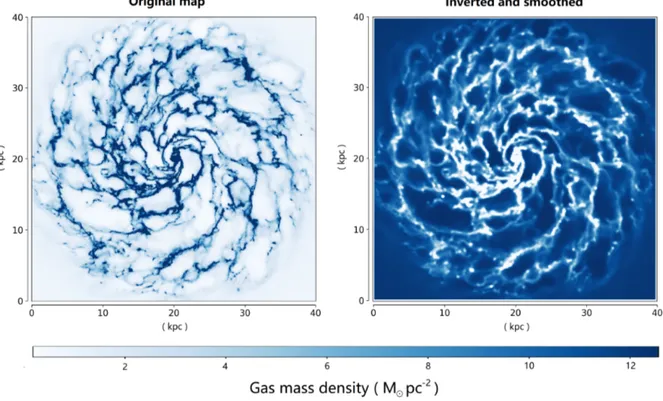 Figure 4.4: Original (left panel) and inverted values (right panel) gas surface density maps in a face-on projection