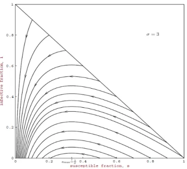 Figura 2.1: Piano delle fasi SI per il modello epidemico SIR con numero di contatto σ = 3