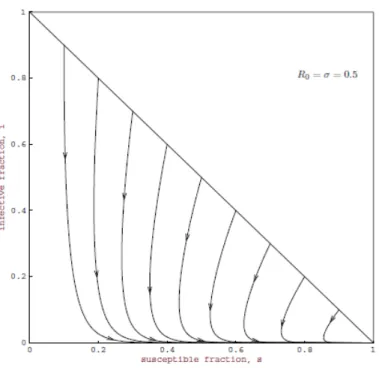 Figura 2.3: Piano delle fasi SI per il modello endemico SIR con numero di contatto σ = 0.5