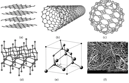 Figura 1.1: Struttura degli allotropi del carbonio: (a) grafite formata da strati di grafene impilati, (b) nanotubi di carbonio, (c) fullerene, (d) lonsdaleite, (e) diamante, (f ) nanorod di carbonio.