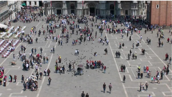 Figura 1.3: Visuale aerea di piazza San Marco (2019). Si pu` o notare la distribuzione granulare degli as- as-sembramenti tipica delle dinamiche di piazza