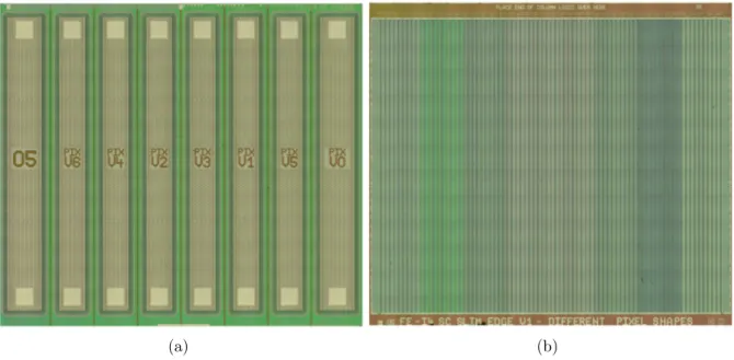 Figure 3.10: Microscope images of the p-side (a) and n-side (b) of the REINER sensor.