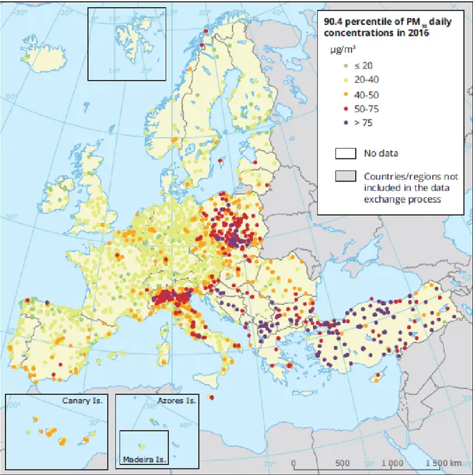 Figure 1.3: PM 10 daily mean concentrations in Europe in 2016 - 36 th highest value