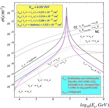 Figure 1.3: The glashow resonance, peaked at an energy around 6.3 PeV.