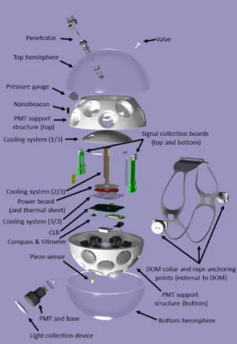 Figure 2.6: Exploded view of the KM3NeT DOM.Taken from [52].