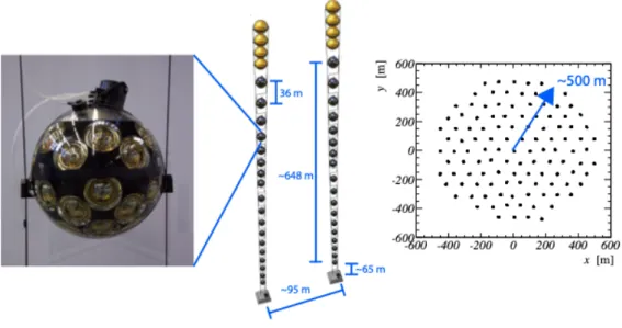 Figure 2.7: Schematic outline of a KM3NeT/ARCA building block. Taken from [53] A collection of 18 DOMs connected to an electro-optical cable and arranged along a vertical structure with two ropes is called Detection Unit or DU (or string) for short