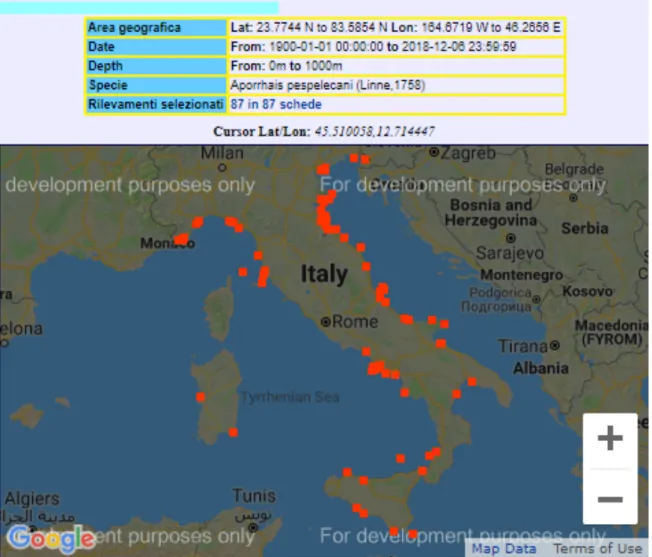 Figura 3. Esempio di distribuzione geografica di una specie (Aporrhais pespelecani), ottenuta dal  dataset ENEA-Centro Ricerca Ambiente Marino Santa Teresa, La Spezia