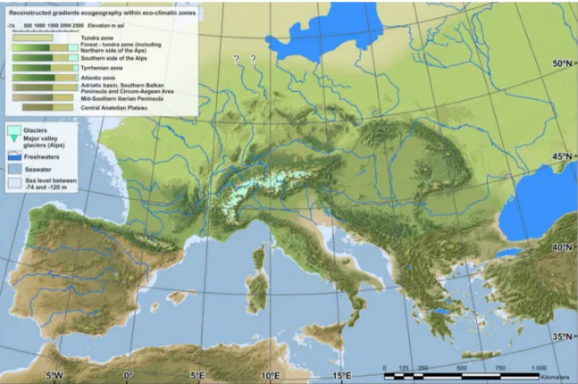 Figura 2. Ricostruzione dell’Europa durante il MIS 3, con linea di costa a -74 metri (Badino et al., 2019)