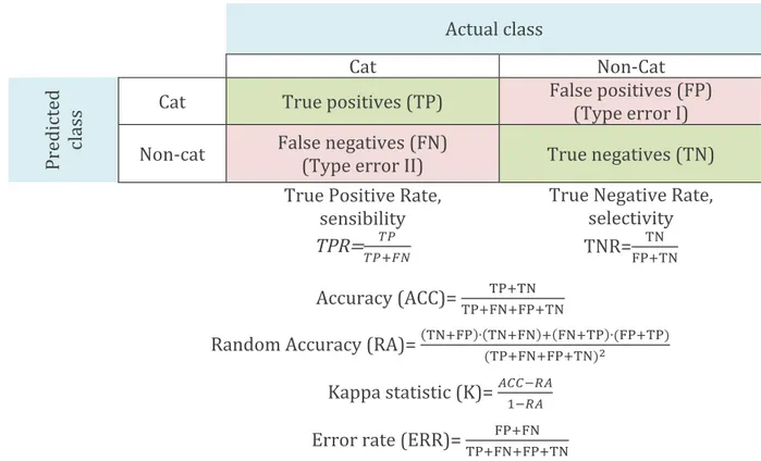 Figure	9:	Example	of	confusion	matrix,	over	an	example	of	identification	of	cat	images.		True	Positive	Rate,	 True	 Negative	 Rate	 Accuracy,	 K	 coefficient,	 Error	 rate	 are	 some	 commonly	 used	 metrics	 to	 identify	 the	 performance	of	a	classificat