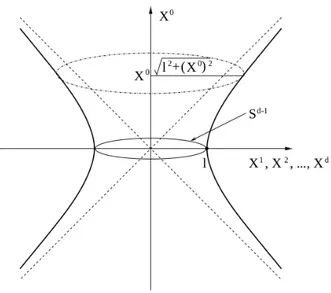 Figura 2.1: Iperboloide d-dimensionale che illustra lo spaziotempo di de Sitter immerso in (d + 1)-dimensioni.