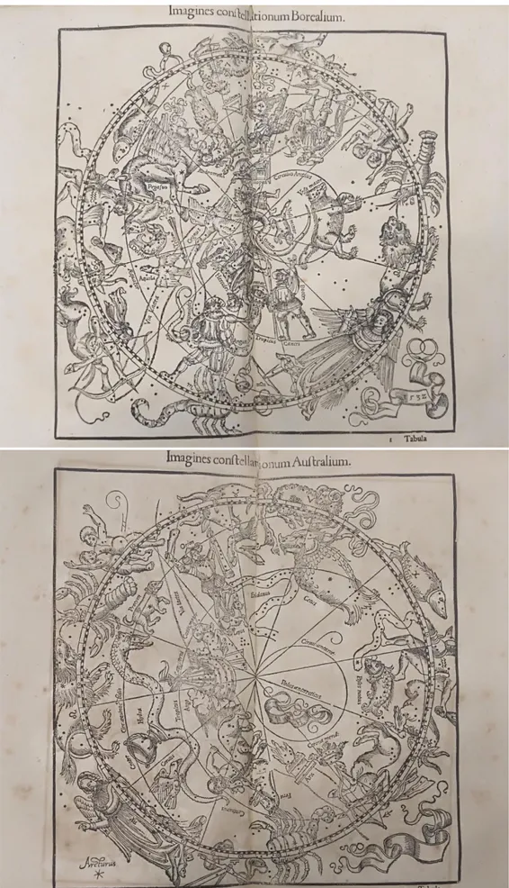 Fig.  15  –  Immagini  delle  costellazioni  a  nord  dell’eclittica  (figura  in  alto)  e  a  sud  dell’eclittica  (figura  in  basso) presenti  nella  versione  in  latino  dell’Almagesto  del  1551,  conservata  nella  biblioteca  storica  del  Diparti