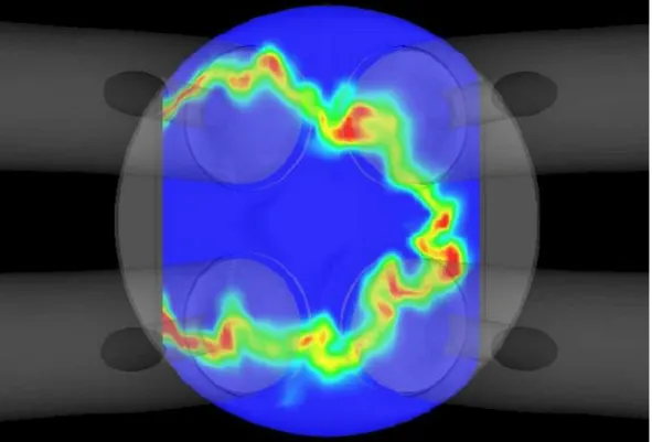 Figura 1.1: Propagazione del fronte di fiamma all’interno della camera di combustione, immagine ottenuta da analisi CFD