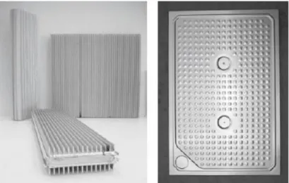Fig. 5 - Macroencapsulation in metal containers: left, aluminium profiles with fins for  improved heat transfer, and right, coated aluminium plate (adapted from [3]) 