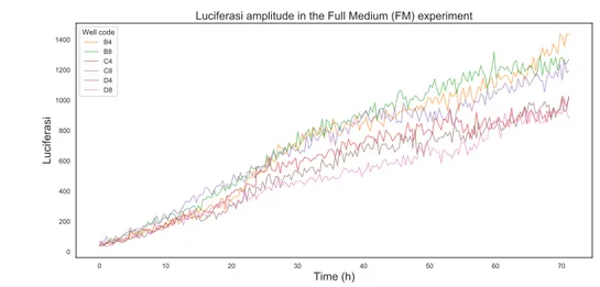 Figure 6.2: Luciferasi amplitude in the Full Medium experiment for each of the 6 wells (cell colonies)