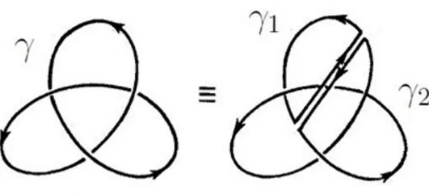 Figura 2.1: Sulla sinistra è rappresentata una proiezione nel piano della curva γ nella forma di un trefoil knot, con orientazione stabilita