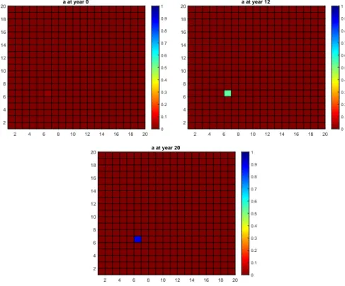 Figure 3.5: Images representing the progression of AD with local effect on a starting from a(0) = 0.02 in the (6, 6) REV.
