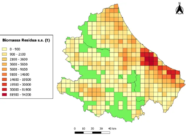 Figura 9: Distribuzione e quantificazione della Biomassa Residuale Agricola (BRA) in tss/anno in Abruzzo prodotte da  vigneti, oliveti e seminativi