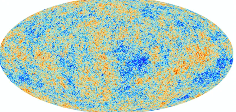 Figura 2.2: Immagine della CMB presa dal satellite dell’ESA Planck nel 2013. I punti di colo- colo-re più scuro mostrano le fluttuazioni di temperatura, corrispondenti a zone con densità diversa che rappresentano i semi di tutte le strutture future: le ste