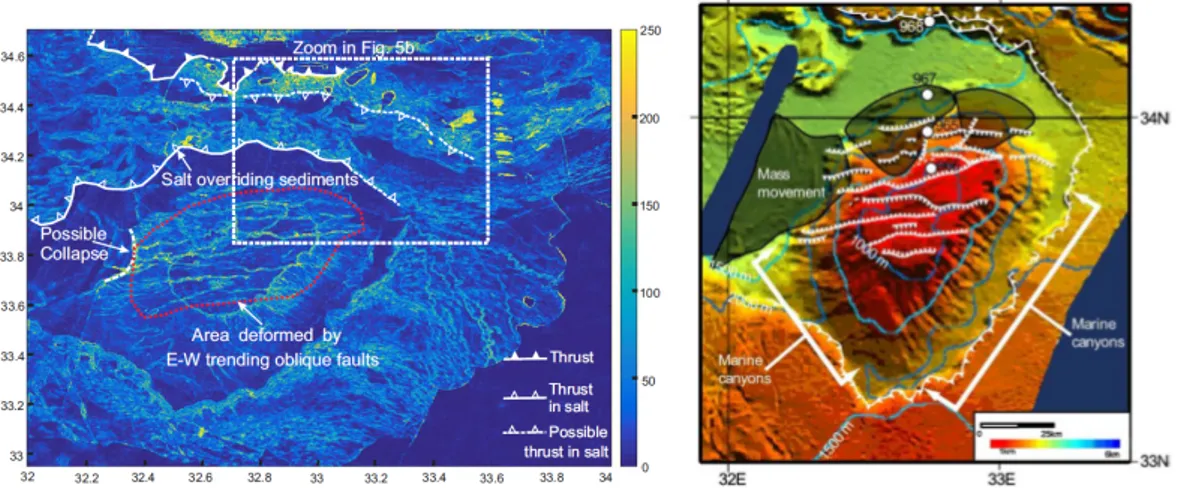 Figura 3.8: Possibili siti di eventi franosi sulle pendici del monte [figura di sinistra da Loncke et al., 2009; figura di destra da Schattner, U., 2010]