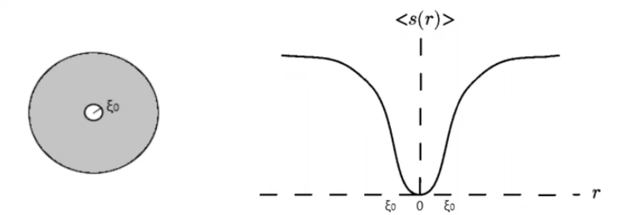 Figura 2.1: Nell’immagine a sinistra la singolarit` a ` e rimossa applicando un foro circolare di raggio ξ 0 , nell’immagine a destra si fa tendere a zero il parametro d’ordine in un