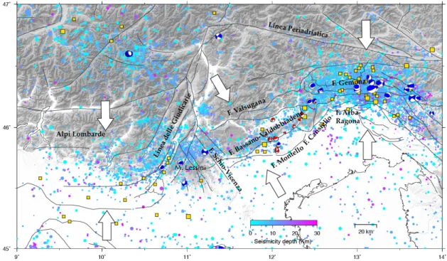 Figura 2.1: Inquadramento sismotettonico delle Alpi meridionali dove sono riportate