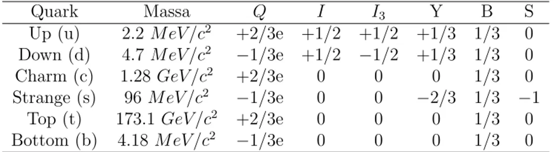 Tabella 3.1: Principali caratteristiche fisiche dei sei quark. I valori riportati per le masse dipendono dal modello e sono, ovviamente, valori approssimati, non essendo possibile effettuare misure dirette.