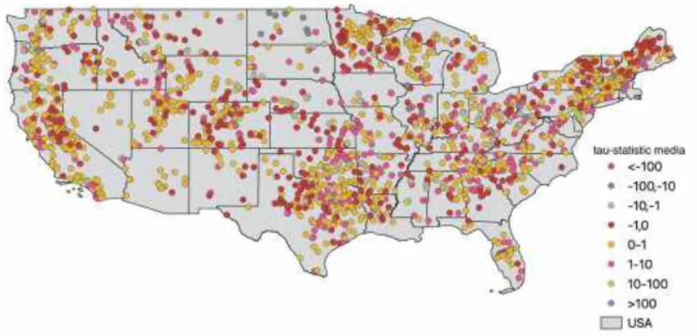 Figura 18. Rappresentazione delle dighe degli Stati Uniti d’America considerate nello studio, classificate sulla base  del valore medio di  t -statistic