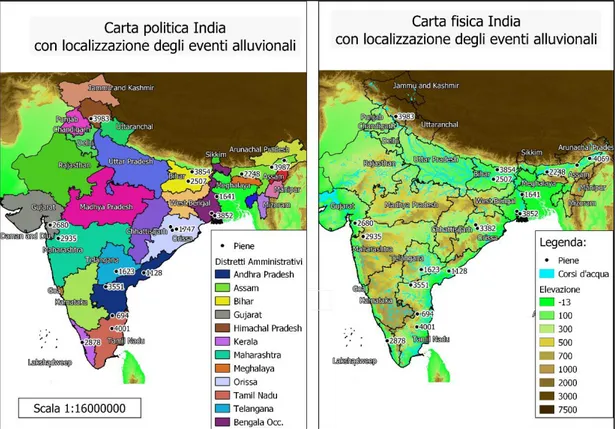 Figura 19. India, cartina politica e fisica.   Le carte sono state generate col software QGis