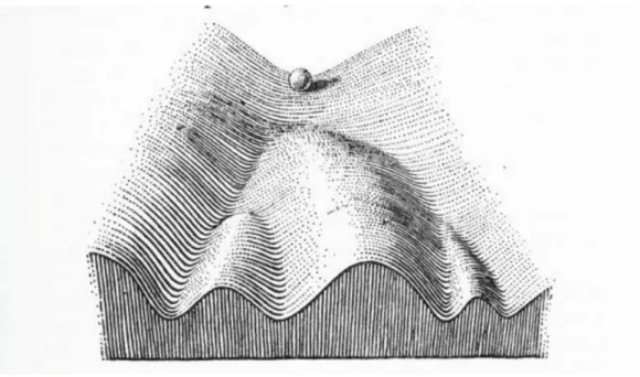 Figure 1.2: The ”epigenetic landscape” proposed by Wadington shows a ball rolling down valleys on an inclined surface, as a visual metaphor for branching pathways of cell fate (image from [1]).