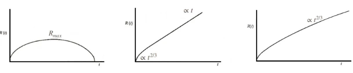 Figura 3.1: Grafici che mostrano come R vari in funzione del tempo in base al parametro di curvatura