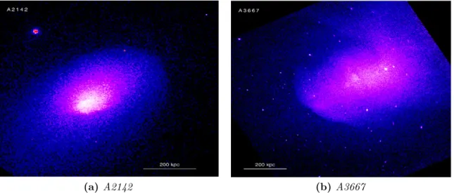 Figure 1.16: Chandra X-ray images of clusters with the first discovered cold fronts, A2142 and A3667; reproduced from Markevitch and Vikhlinin ( 2007 ).