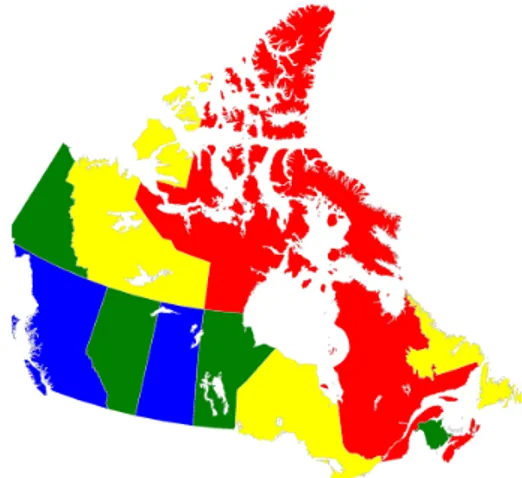 Figure 2.10: Coloring a map of Canada with four colors [16]