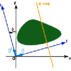 Figura 2.2: Rappresentazione di un processo CT su piano cartesiano. Adesso, l'integrale di proiezione nell'equazione (1.10) rappresenta una  in-tegrazione lungo il percorso L, attraversato dai fotoni emessi, ed è denito dalla posizione del sorgente dei ra