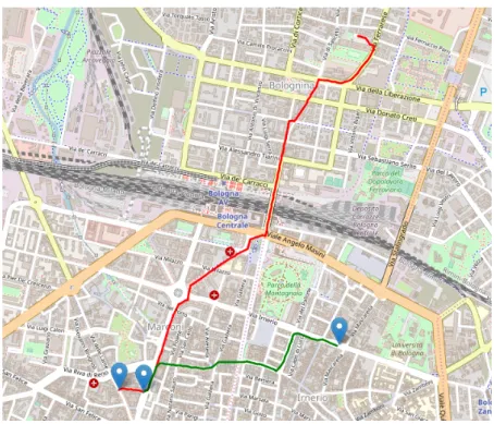 Figura 3.2: Percorso originale di un utente nella citt`a di Bologna (linea rossa) e percorso fino a punto di deviazione (linea verde)