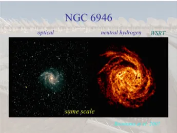 Figura 3.2: NGC 6946 nell’ottico a sinistra e attraverso l’idrogeno neutro a destra Oltre che per vedere la struttura di una galassia, la riga a 21 cm ` e usata anche per studiare la sua curva di rotazione, ovvero come cambia la velocit` a di rotazione deg