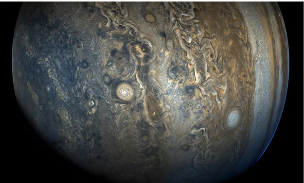 Figure 2.1: Color-enhanced picture of Jupiter’s southern hemisphere taken by NASA’s Juno spacecraft, credits: [8].
