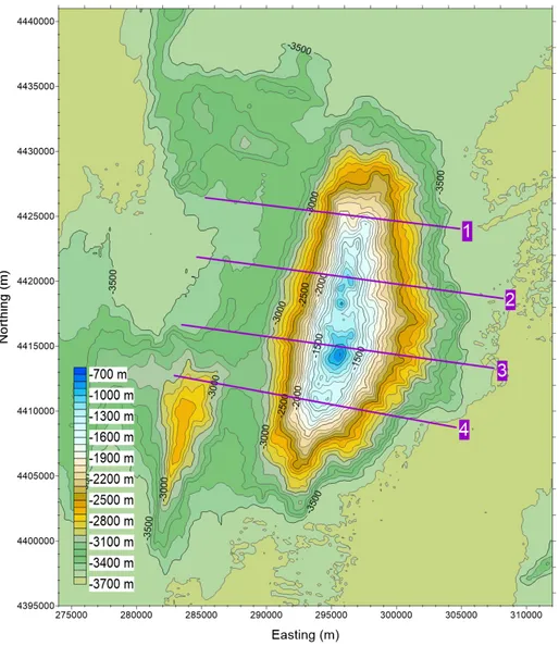 Figure 2.3: Current bathymetry of the Vavilov seamount. Coordinates are expressed in the WGS84 UTM33 reference system