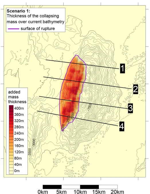 Figure 4.1: Scenario1: thickness of the added mass (colour scale) superimposed to the current bathymetry of the Vavilov seamount (lines)
