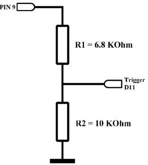 Figura 2.5: Partitore di tensione che permette di abbassare la tensione del pin 9 generata da Arduino da 5 Volt fino a  circa 3 Volt grazie al partitore di resistenze   