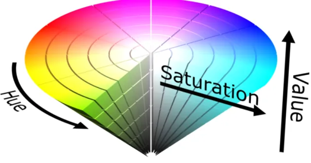 Figura 9: Rappresentazione a cono dello spazio di colori HSV (Horvath 2008)
