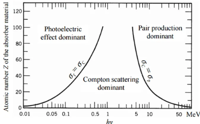 Figura 1.5: Il grafico mostra quale effetto predomina a seconda del numero atomico del materiale attraversato e dell’energia dei fotoni