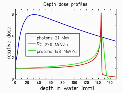 Figura 1.10: Distribuzione di dose in funzione della profondit`a in acqua per fasci di fotoni, ioni carbonio e protoni a energie fissate [6].
