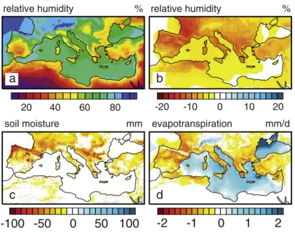 Figura 1.2: Un’altra mappa che espone gli effetti dell’aumento di concentrazione di gas serra sul Mediterraneo: l’umidità relativa (a), la sua anomalia (b), l’umidità del suolo espressa in millimetri (c) e il tasso di evapotraspirazione espressa in millime