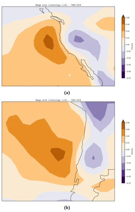 Figura 1.7: Osservazione delle altre zone di subsidenza derivate dal &#34;monsoon-desert&#34; previste da Rodwell ed Hoskins, tramite mappa di omega a 500 hPa (come in Figura 1.6) riferite a (a) la California nel periodo estivo JJA, (b) il Cile nel periodo
