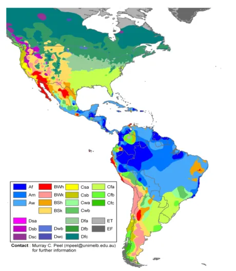 Figura 1.8: L’America secondo la classificazione dei climi di Köppen. anche qui sono presenti delle zone con clima Mediterraneo nella zona occidentale del continente
