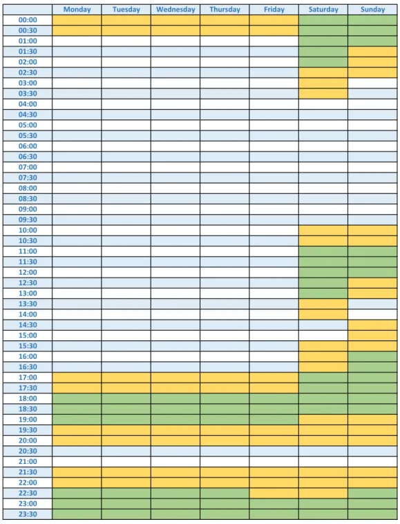 Figure 2.5: Time schedule of our modelled agent. In green, the time that will