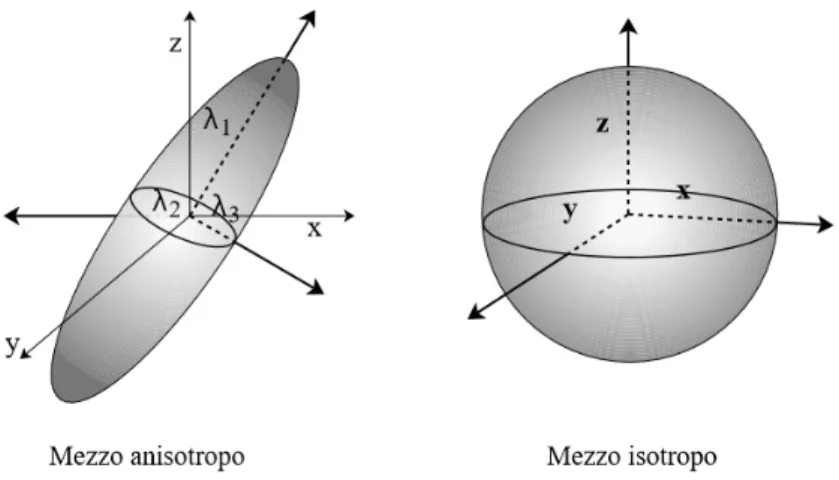 Figura 1.1: Ellissoide di diffusione in mezzo isotropo (a destra) e in mezzo anisotropo (a sinistra) con autovalori λ 1 , λ 2 , λ 3 [7].