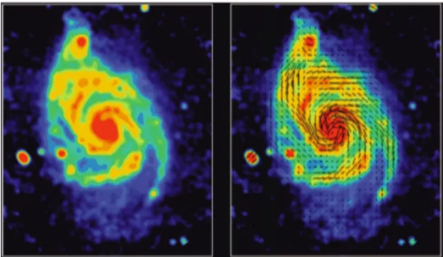 Figura 1.9: Immagine radio della galassia M51, stimata ad una distanza compresa tra 13 e 30 milioni anni luce; i vettori danno l’orientazione del campo magnetico in seguito all’emissione polarizzata.